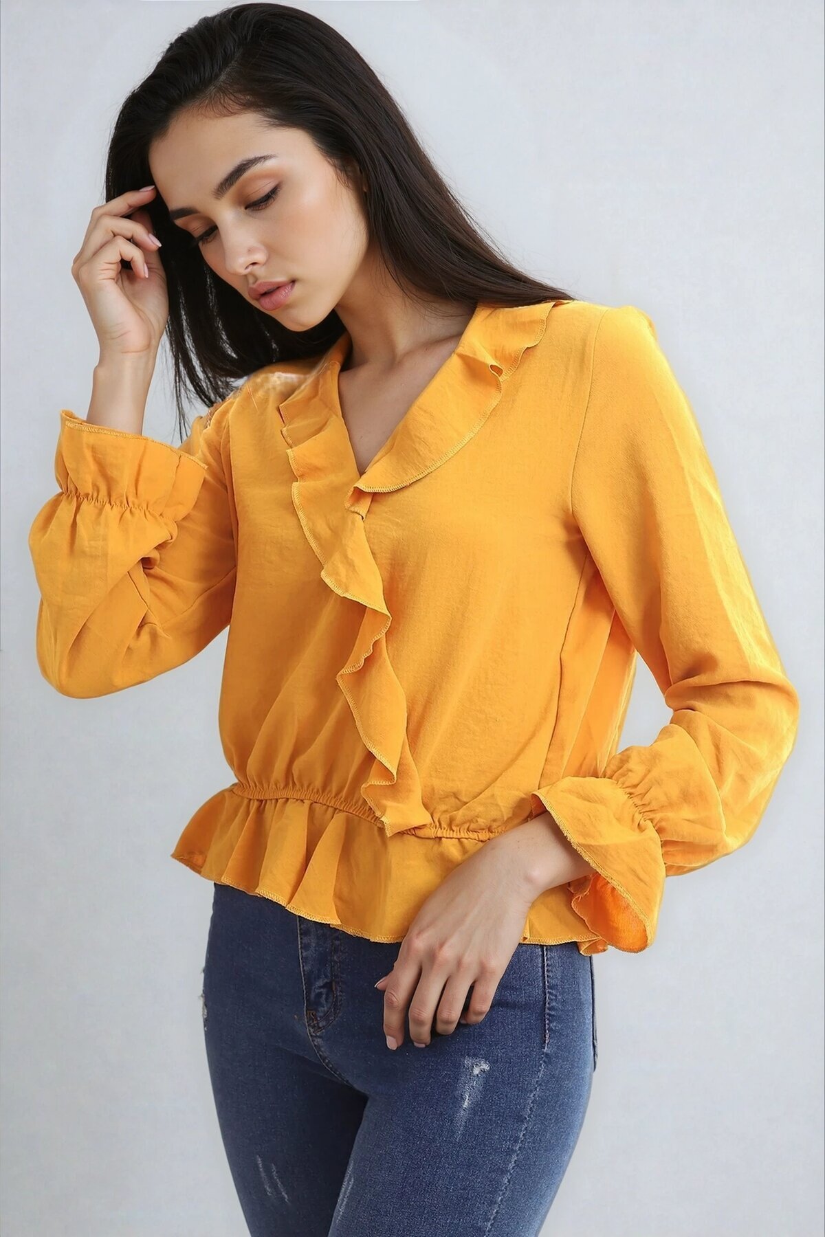 Ayrobin Kruvaze Fırfırlı Uzun Kol Bluz Hardal