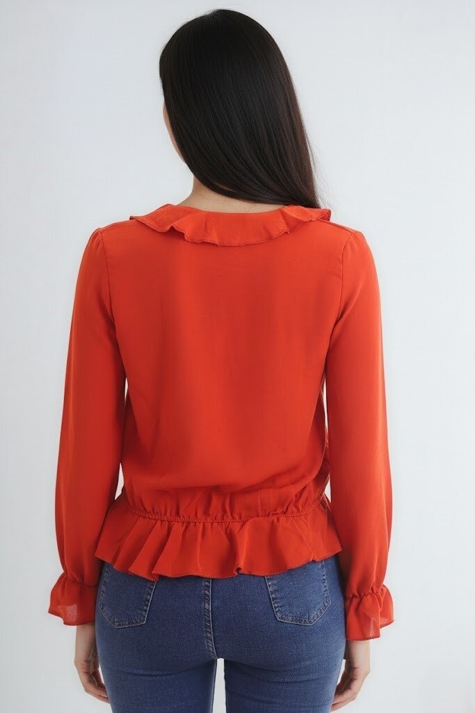 Ayrobin Kruvaze Fırfırlı Uzun Kol Bluz Kiremit