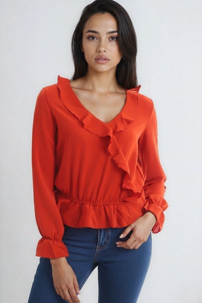 Ayrobin Kruvaze Fırfırlı Uzun Kol Bluz Kiremit