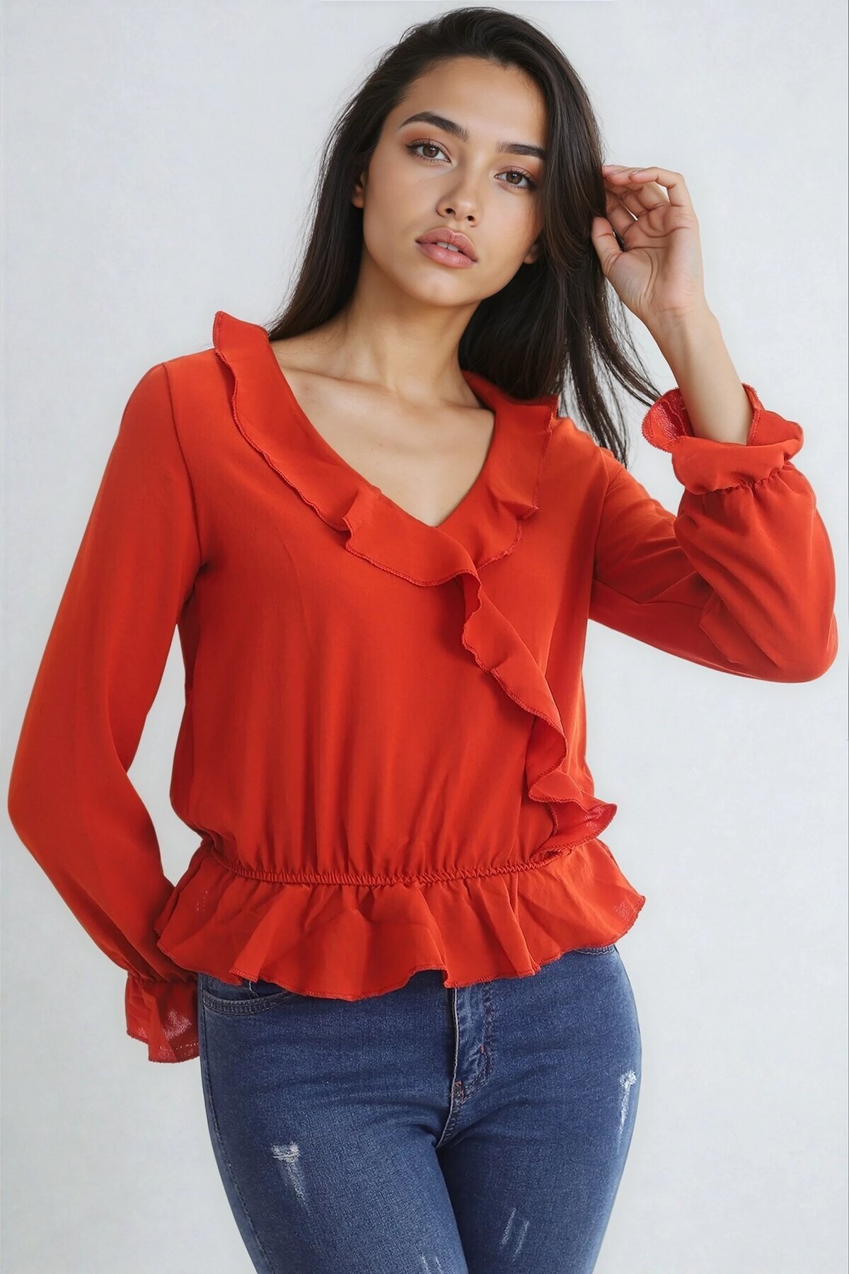 Ayrobin Kruvaze Fırfırlı Uzun Kol Bluz Kiremit