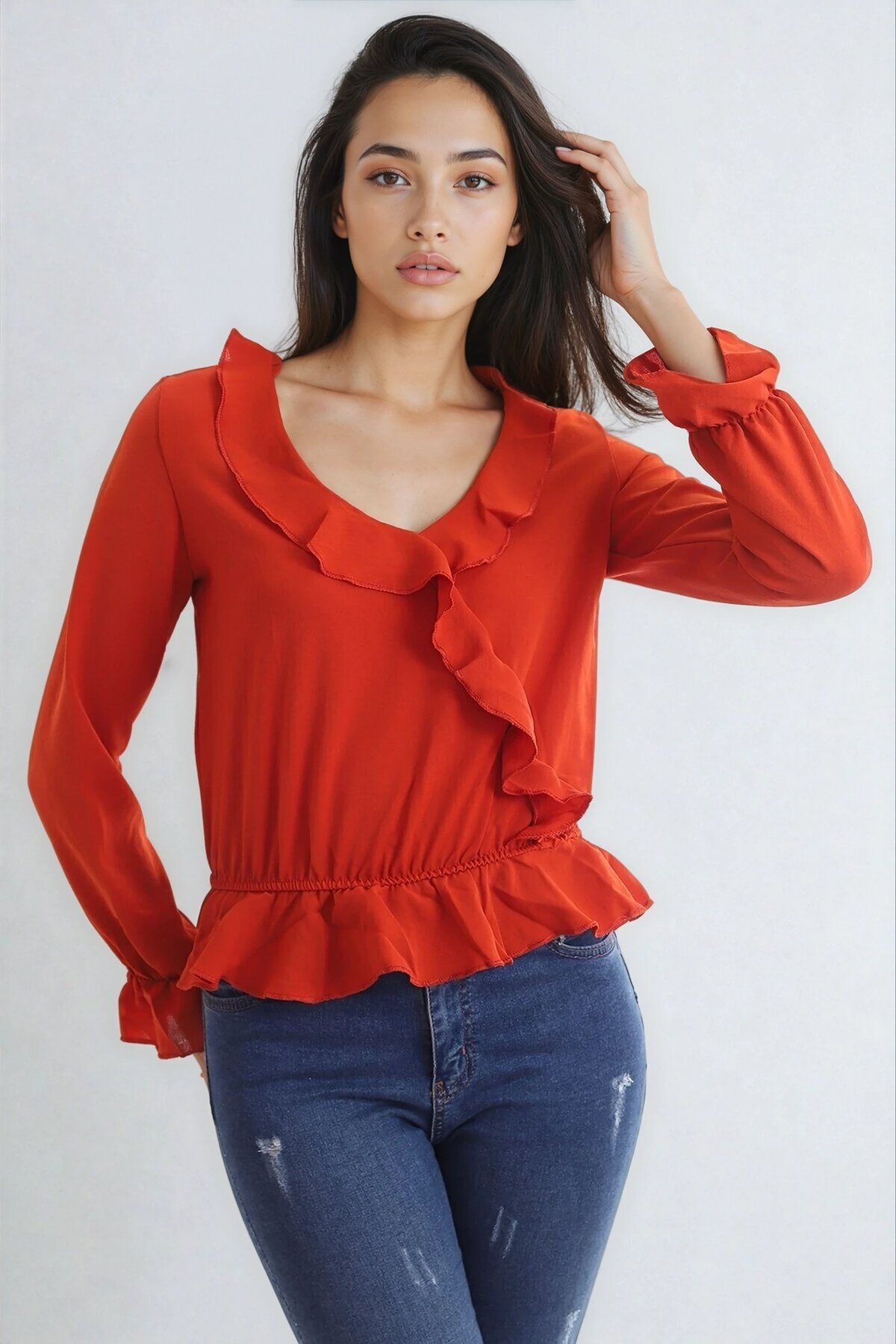 Ayrobin Kruvaze Fırfırlı Uzun Kol Bluz Kiremit