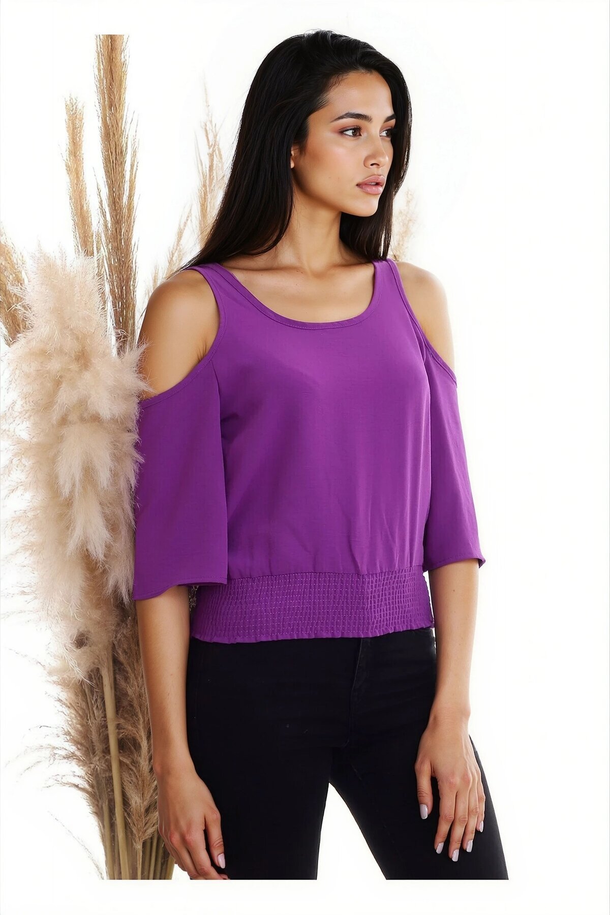 Ayrobin Omuzu Açık Beli Lastikli Kısa Kol Bluz MOR