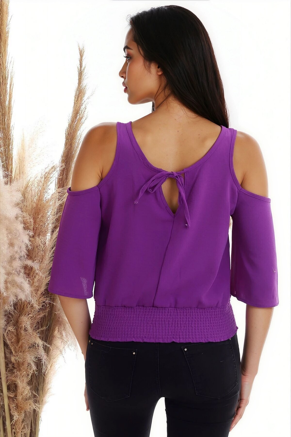 Ayrobin Omuzu Açık Beli Lastikli Kısa Kol Bluz MOR