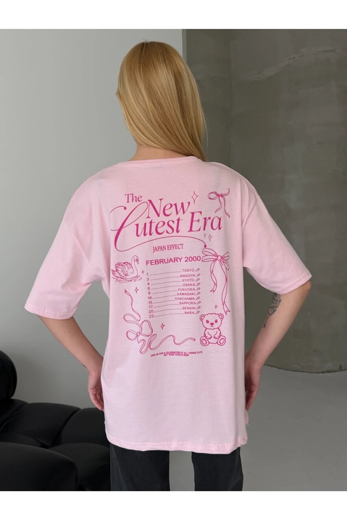 Baskılı Oversize Kadın Tişört Pembe