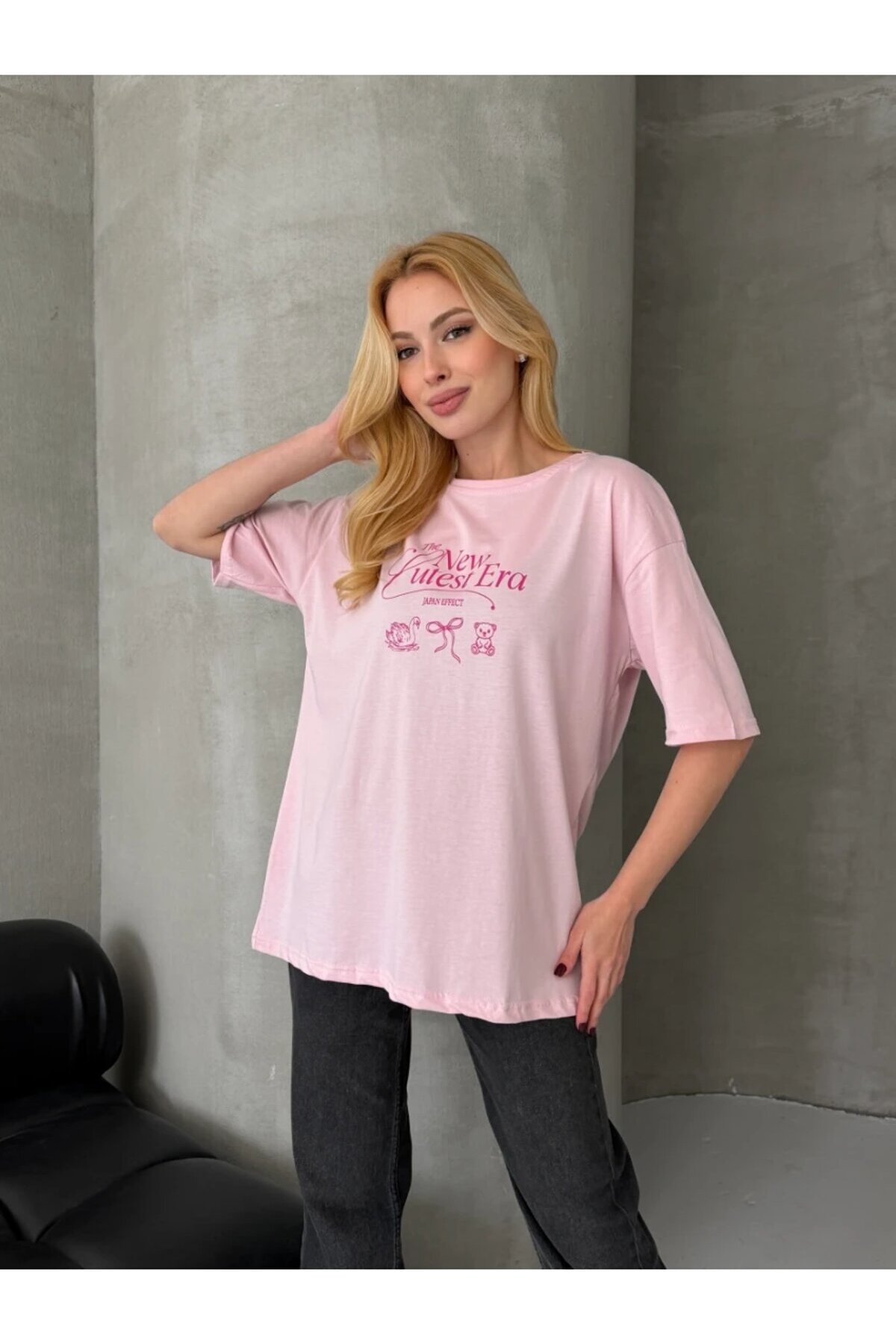Baskılı Oversize Kadın Tişört Pembe