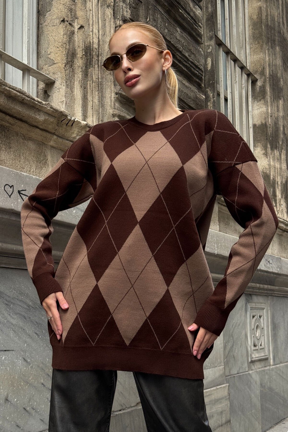 Bisiklet Yaka Baklava Desenli Triko Kazak