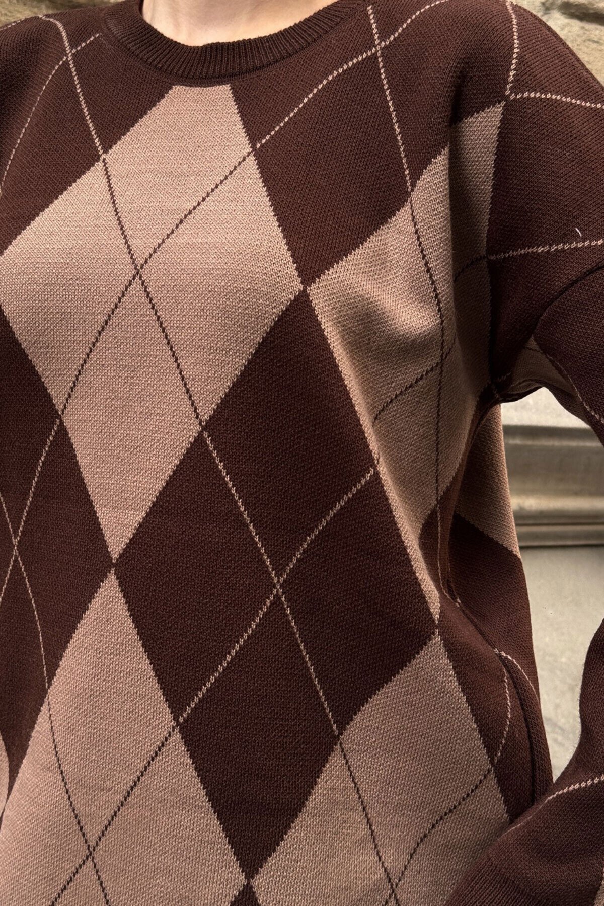 Bisiklet Yaka Baklava Desenli Triko Kazak