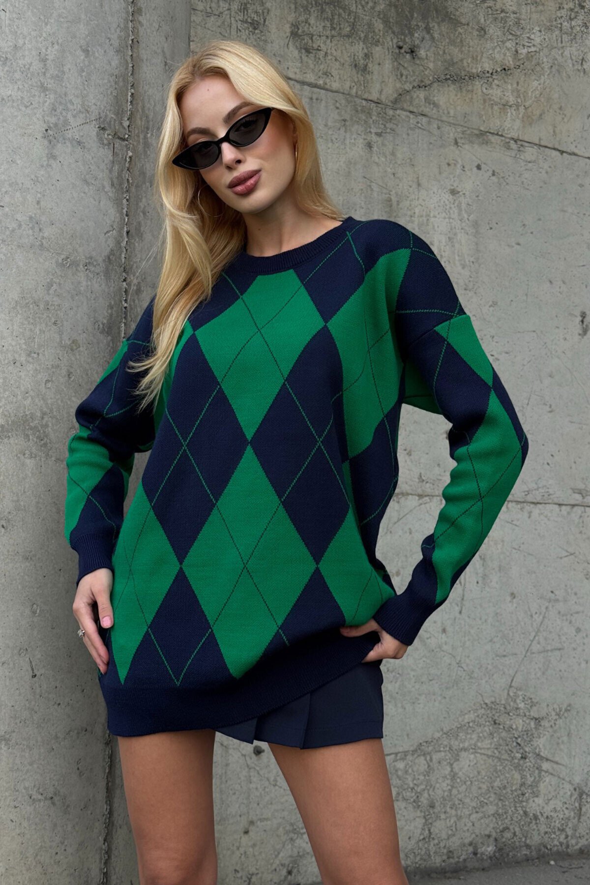 Bisiklet Yaka Baklava Desenli Triko Kazak