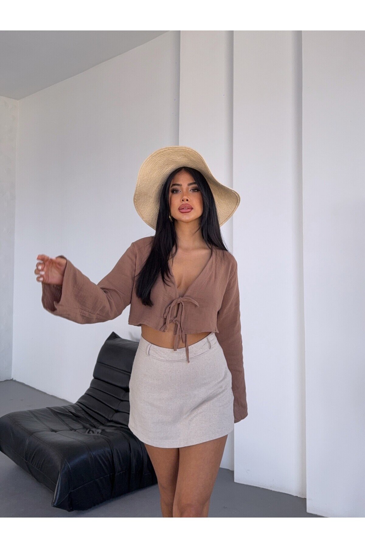 Çift Bağlama Detay Müslin Bluz Kahve