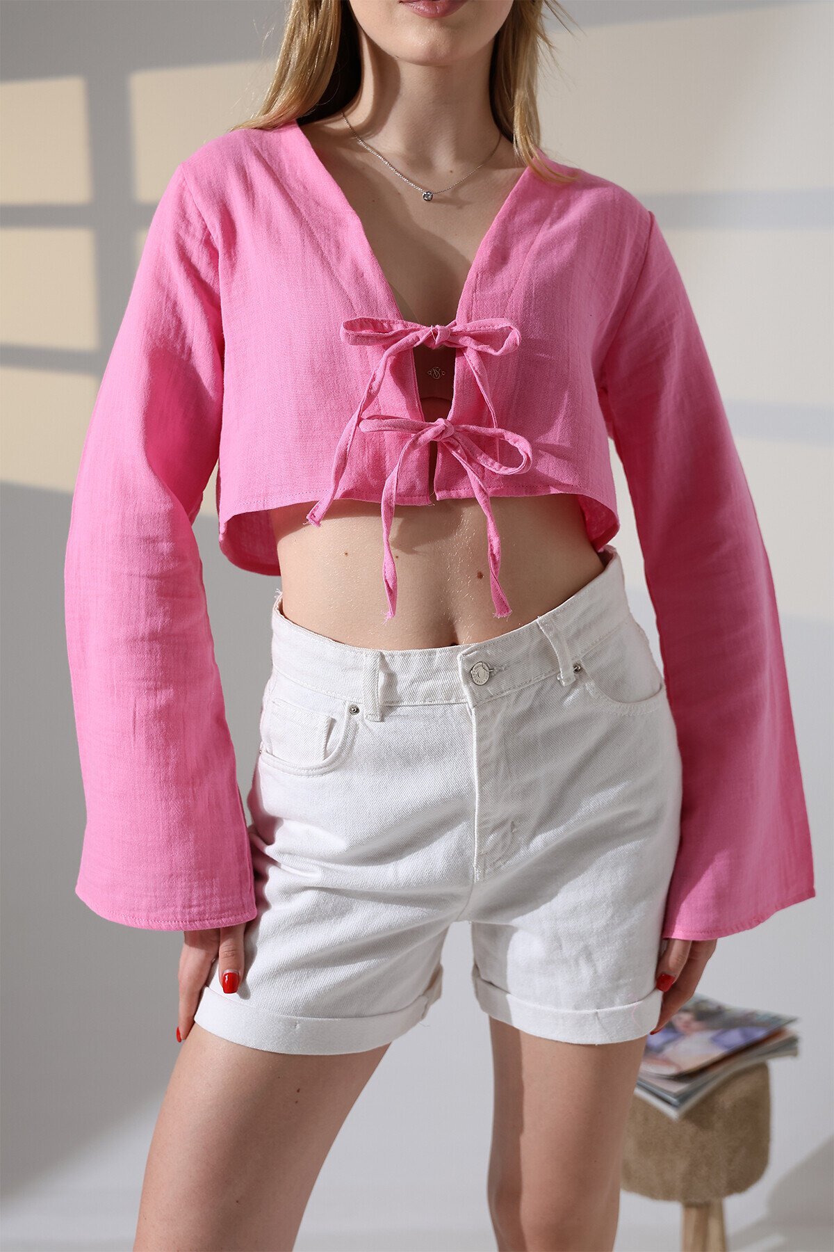 Çift Bağlama Detay Müslin Bluz Pembe