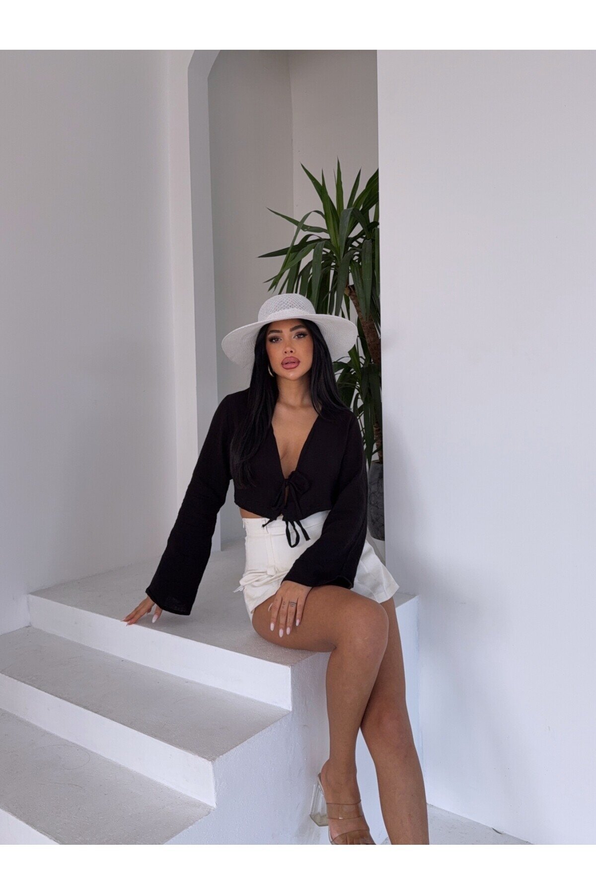 Çift Bağlama Detay Müslin Bluz Siyah