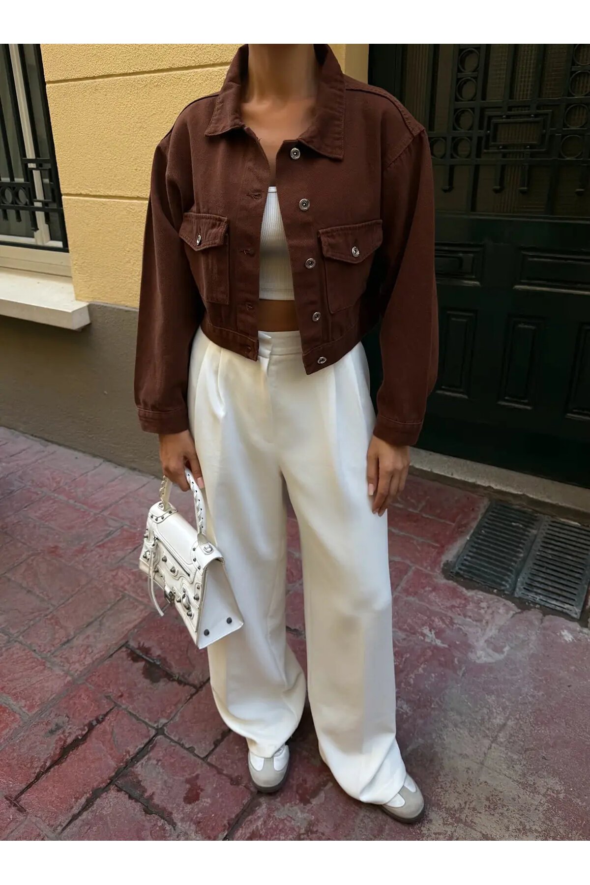 Çift Cep Denim Crop Ceket