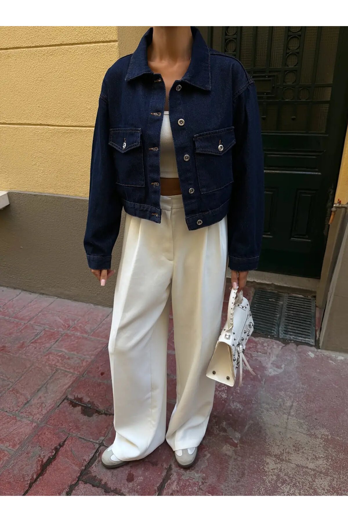 Çift Cep Denim Crop Ceket