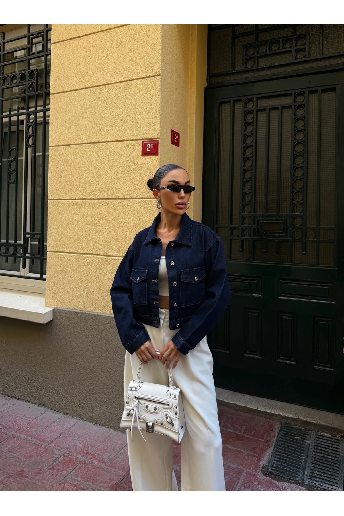 Çift Cep Denim Crop Ceket