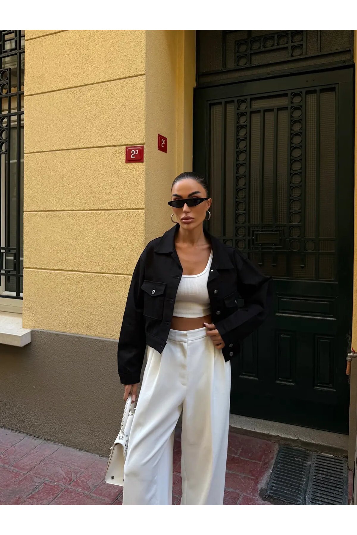 Çift Cep Denim Crop Ceket