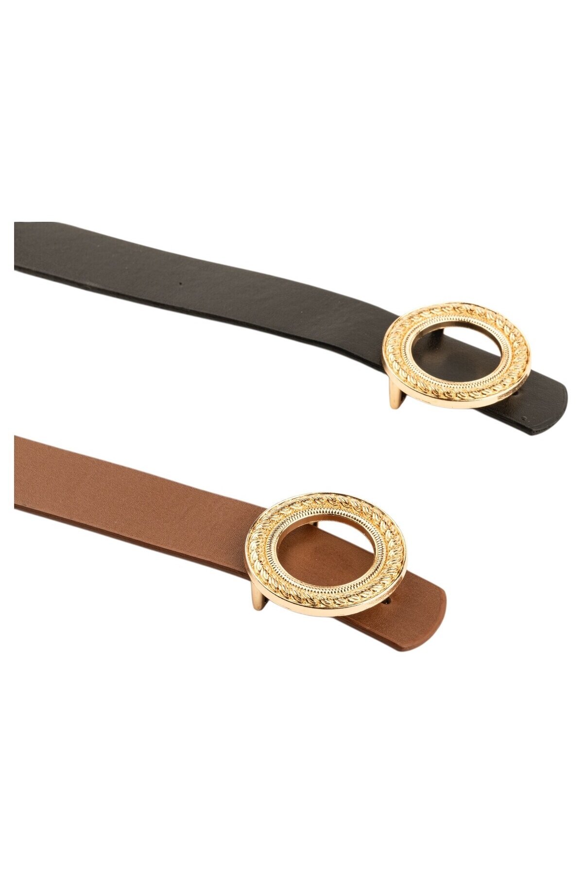 Desenli Halka Tokalı İkili Set Siyah_Taba Kadın Kemeri