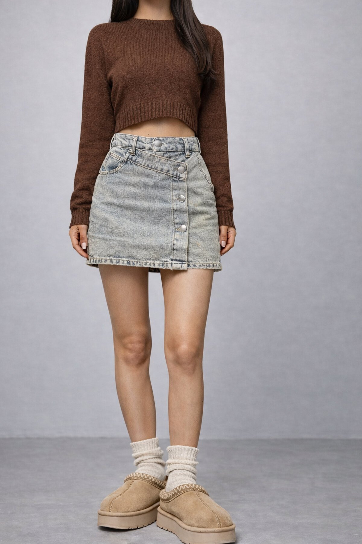 Düğme Detaylı Jean Mini Etek