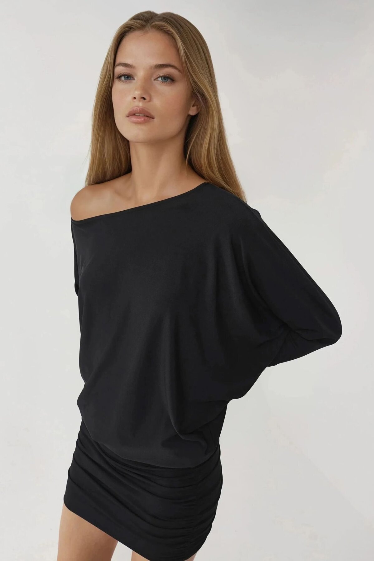 Düşük Omuz Esnek Elbise Siyah