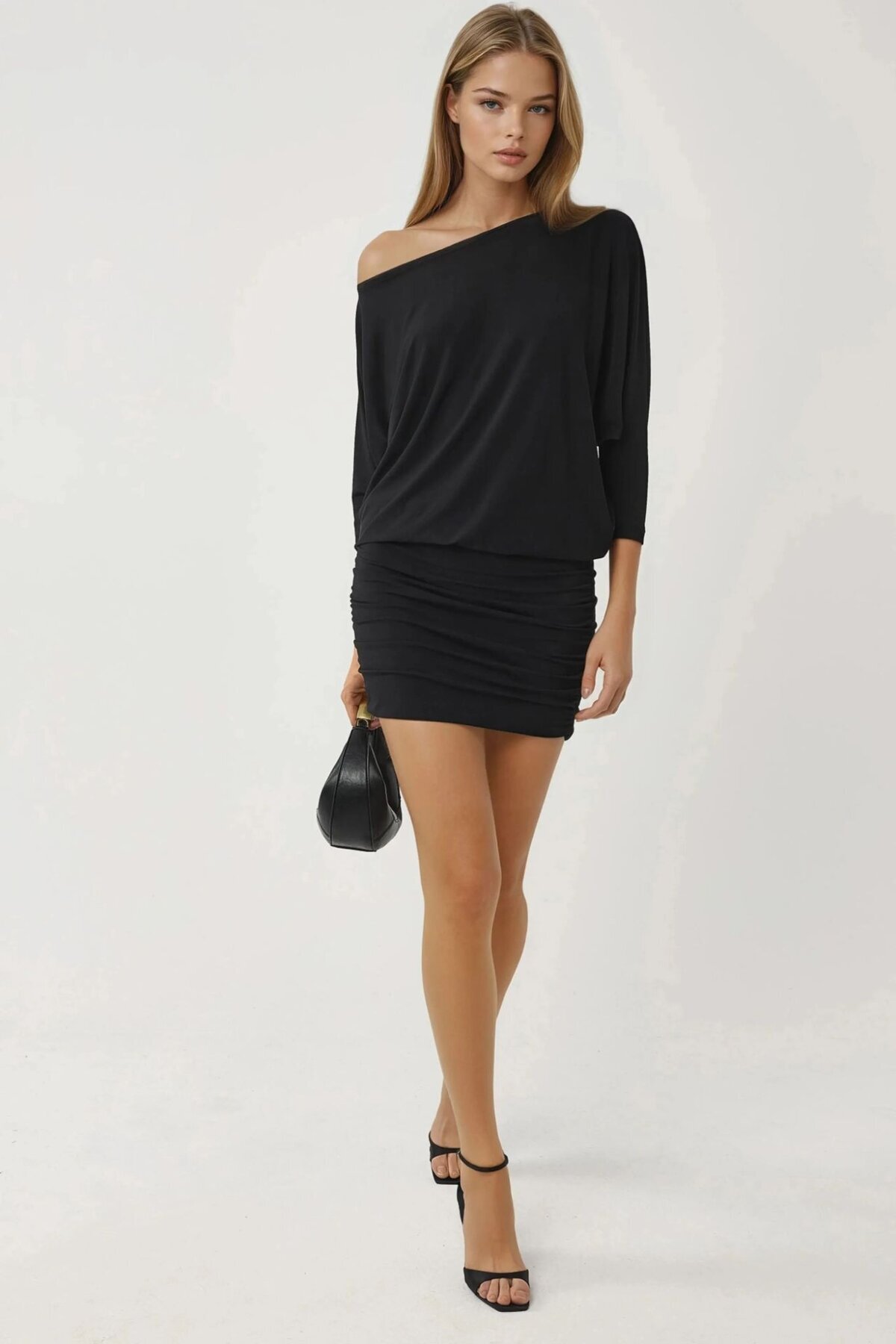 Düşük Omuz Esnek Elbise Siyah