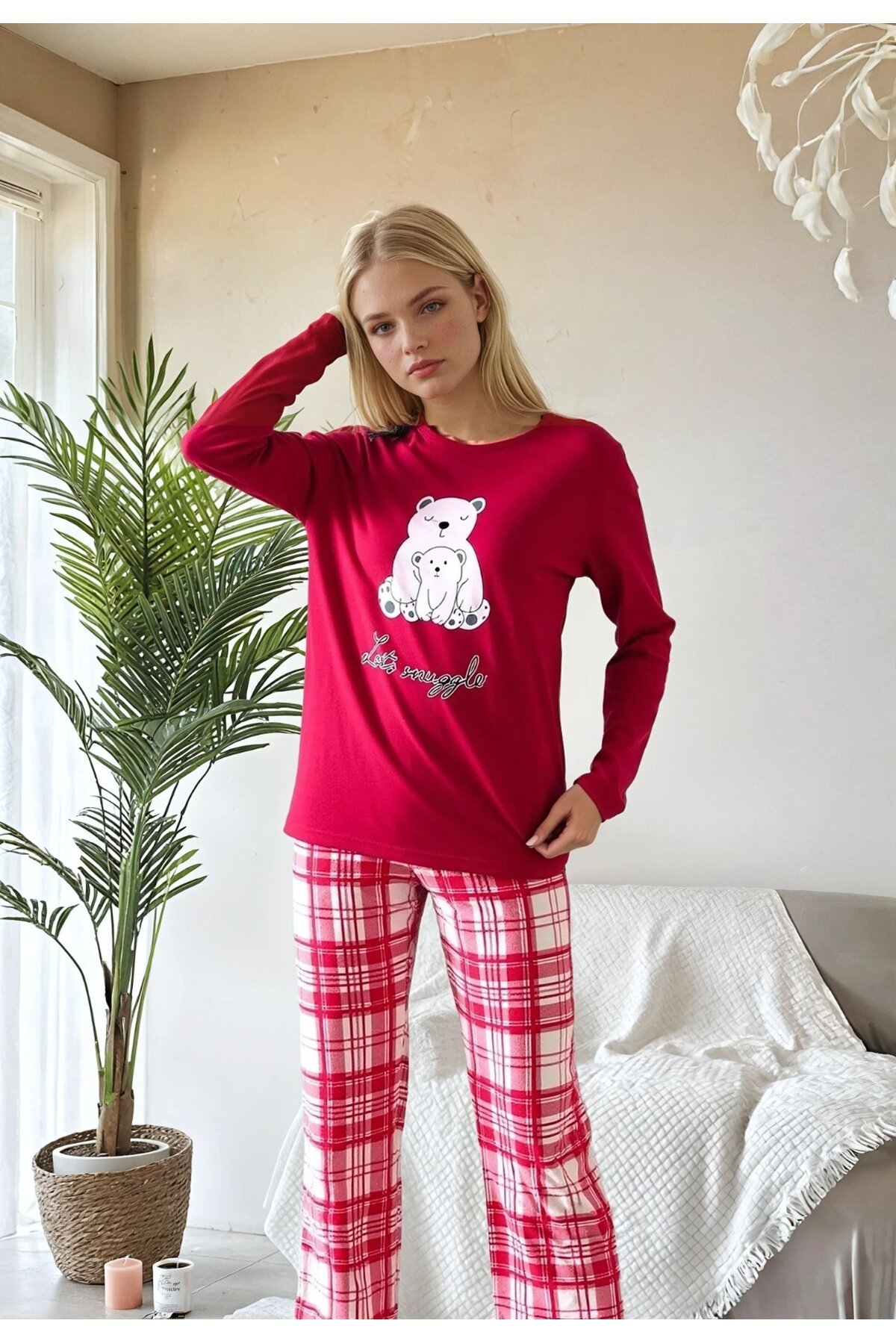 Ekose Ayıcık Baskılı Kırmızı Pijama Takımı