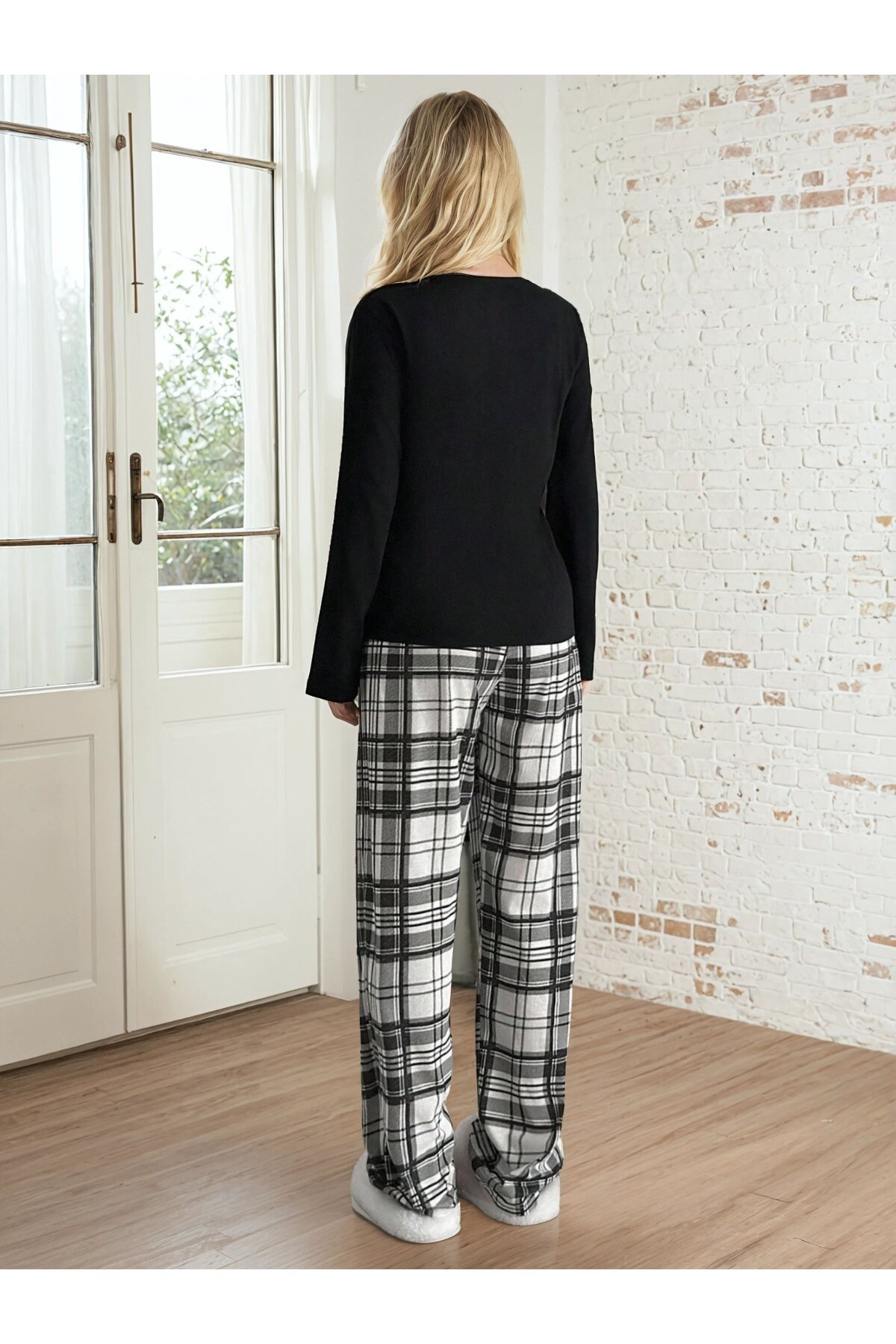 Ekose Desen Alt Kalp Baskılı Pijama Takımı