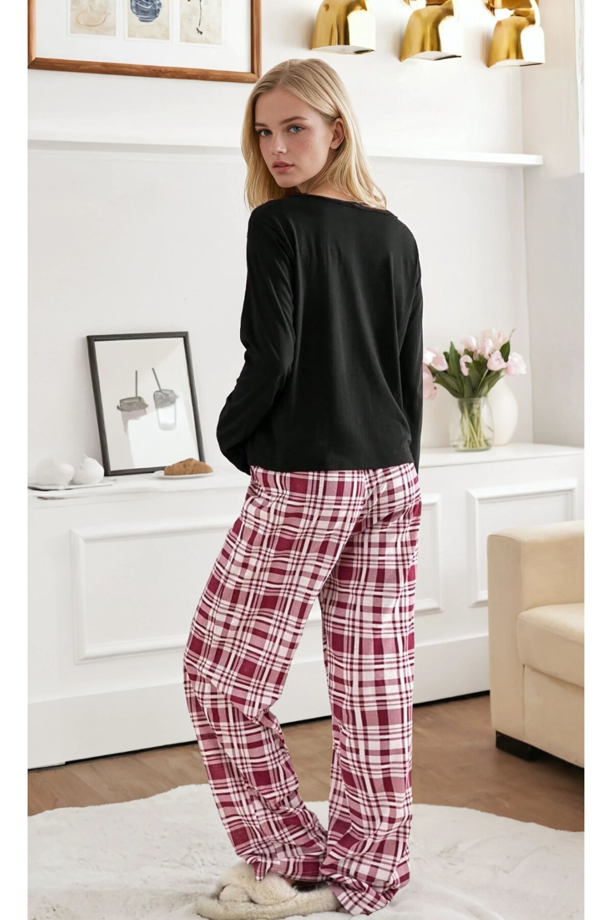 Ekose Desen Ayıcık Baskılı Uzun Kol Pijama Takımı