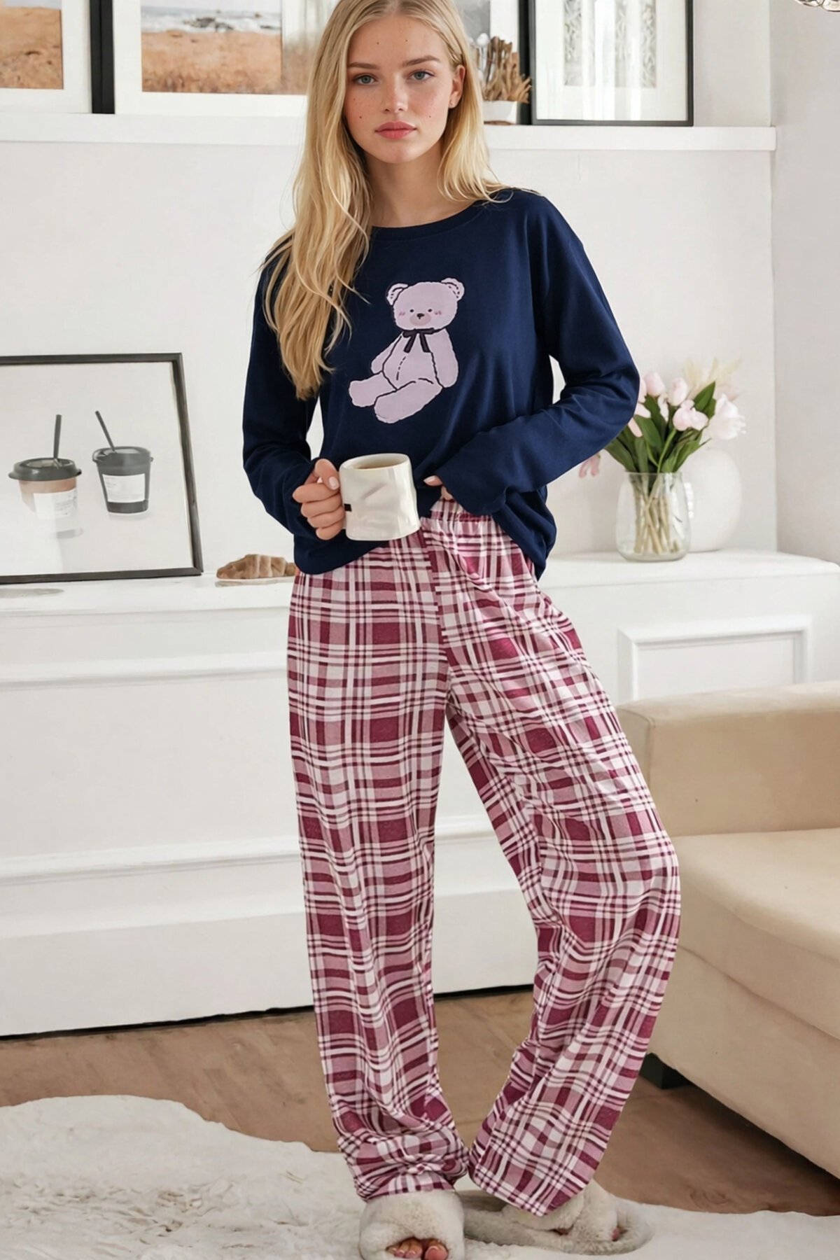 Ekose Desen Ayıcık Baskılı Uzun Kol Pijama Takımı