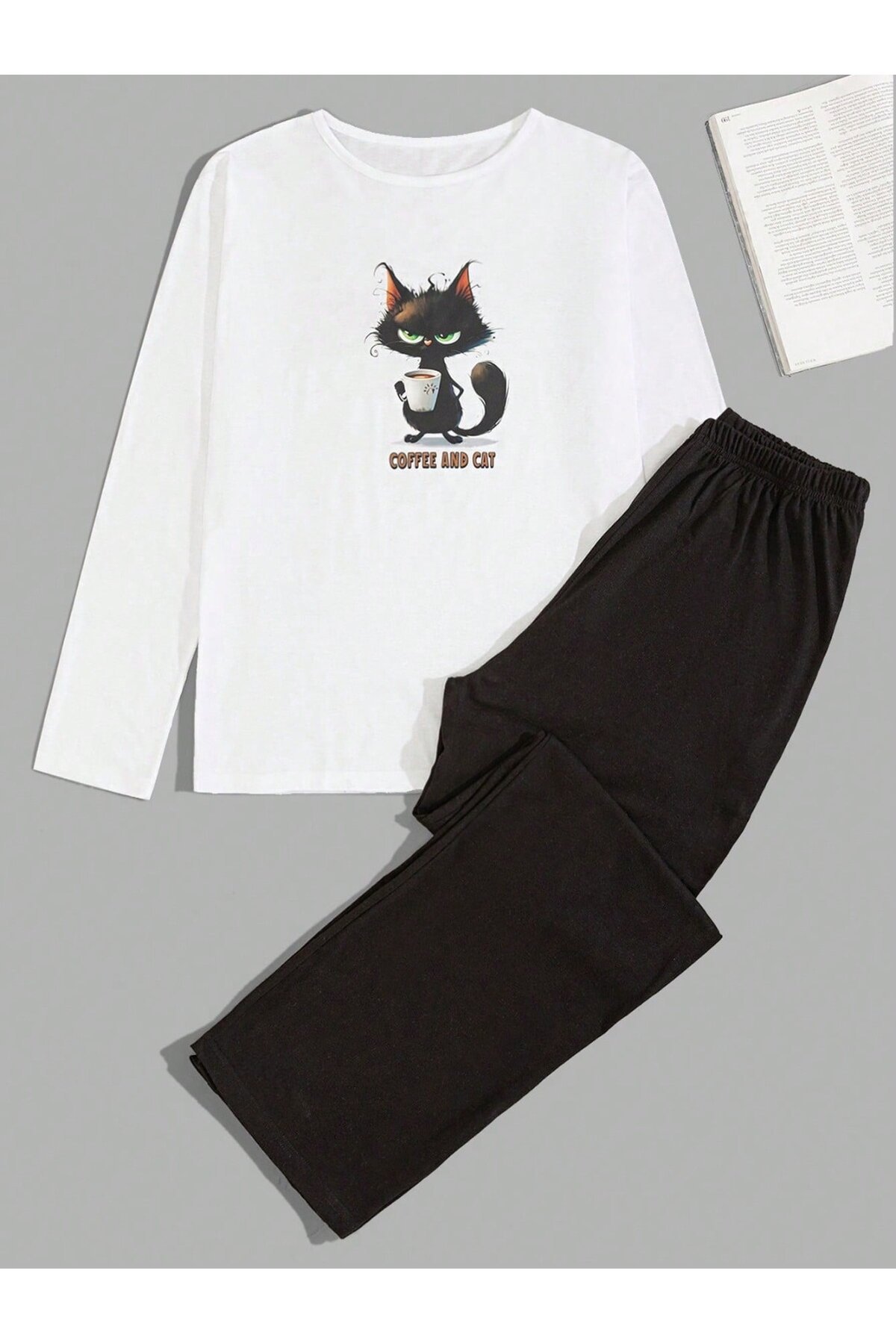 Erkek Kedi Baskılı Suprem Kumaş Pijama Takımı