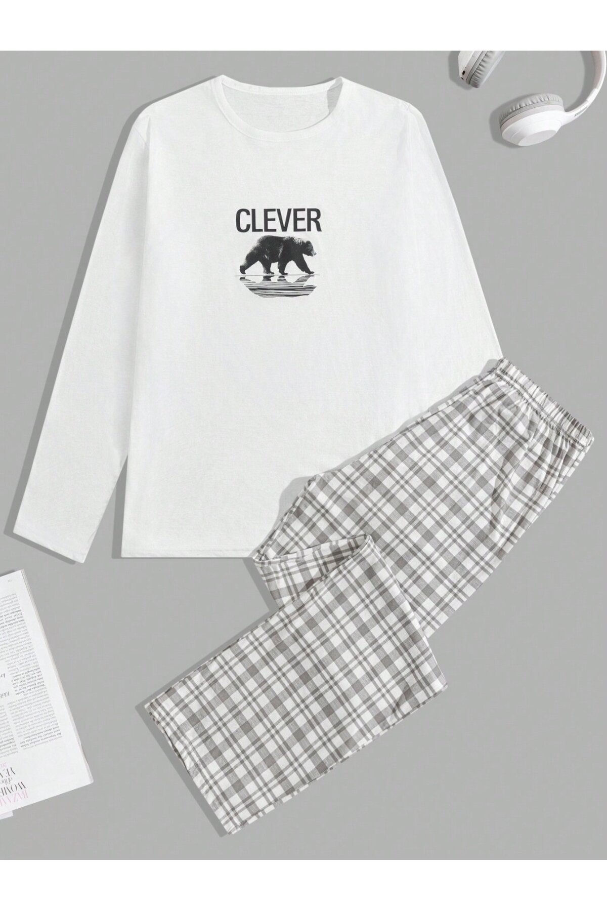 Erkek Uzun Kollu Baskılı Pijama Takımı Ekose Pantolonlu Beyaz
