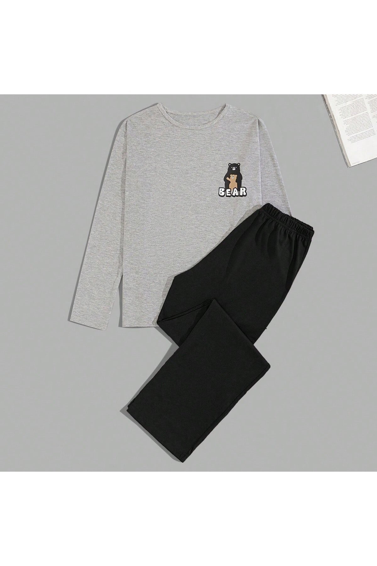 Erkek Uzun Kollu Pijama Takımı Ayı Baskılı