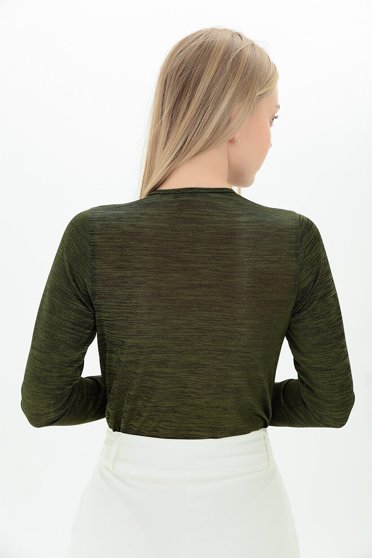 Flamlı Kruvaze Uzun Kol Zıbın Bluz Haki