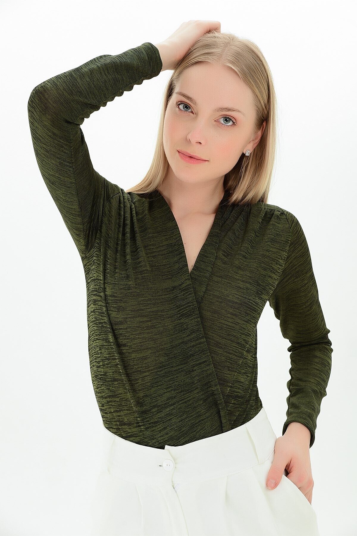 Flamlı Kruvaze Uzun Kol Zıbın Bluz Haki