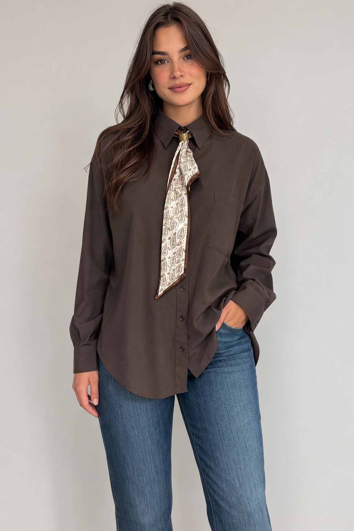 Fularlı Gömlek Kahverengi
