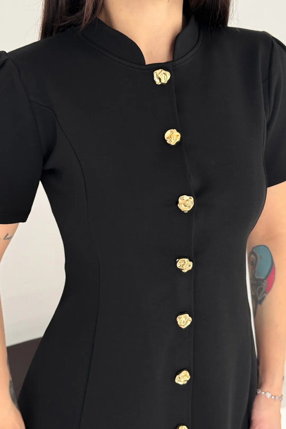 Kadın Düğme Detay Siyah Elbise