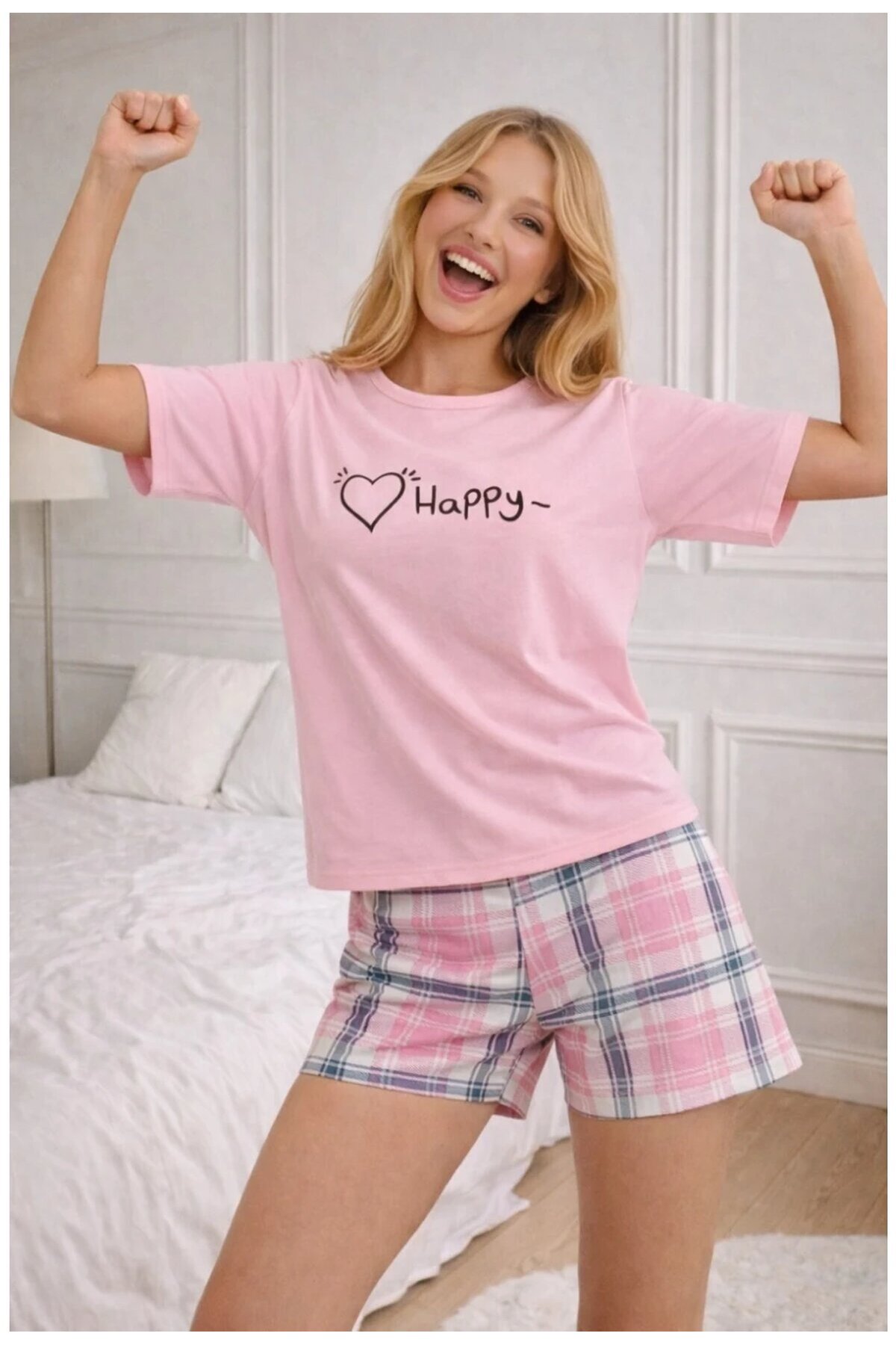 Happy Baskılı Kısa Kollu Şortlu Kadın Pijama Takımı – Pembe