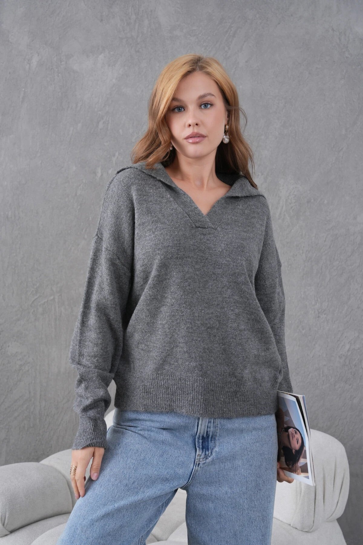 Kadın Antrasit Polo Yaka Oversize Yarım Pat Yumuşak Dokulu Triko Kazak