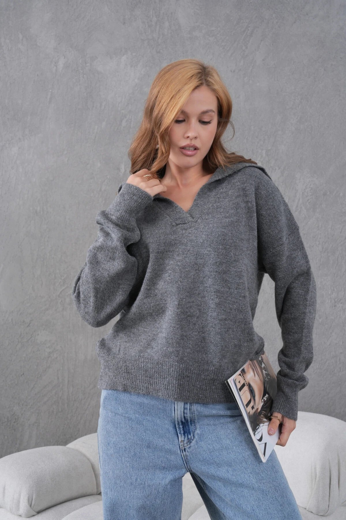 Kadın Antrasit Polo Yaka Oversize Yarım Pat Yumuşak Dokulu Triko Kazak