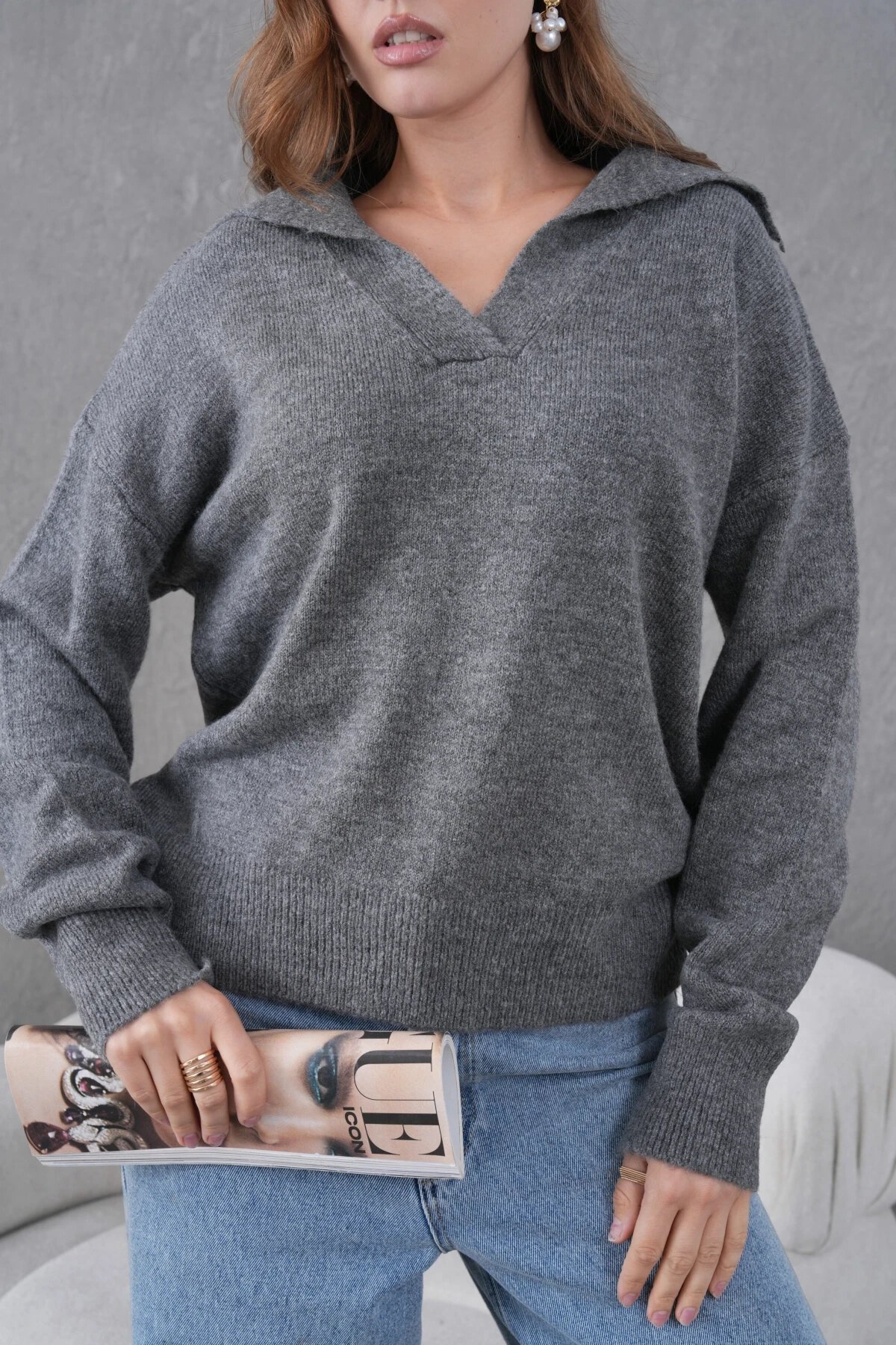 Kadın Antrasit Polo Yaka Oversize Yarım Pat Yumuşak Dokulu Triko Kazak