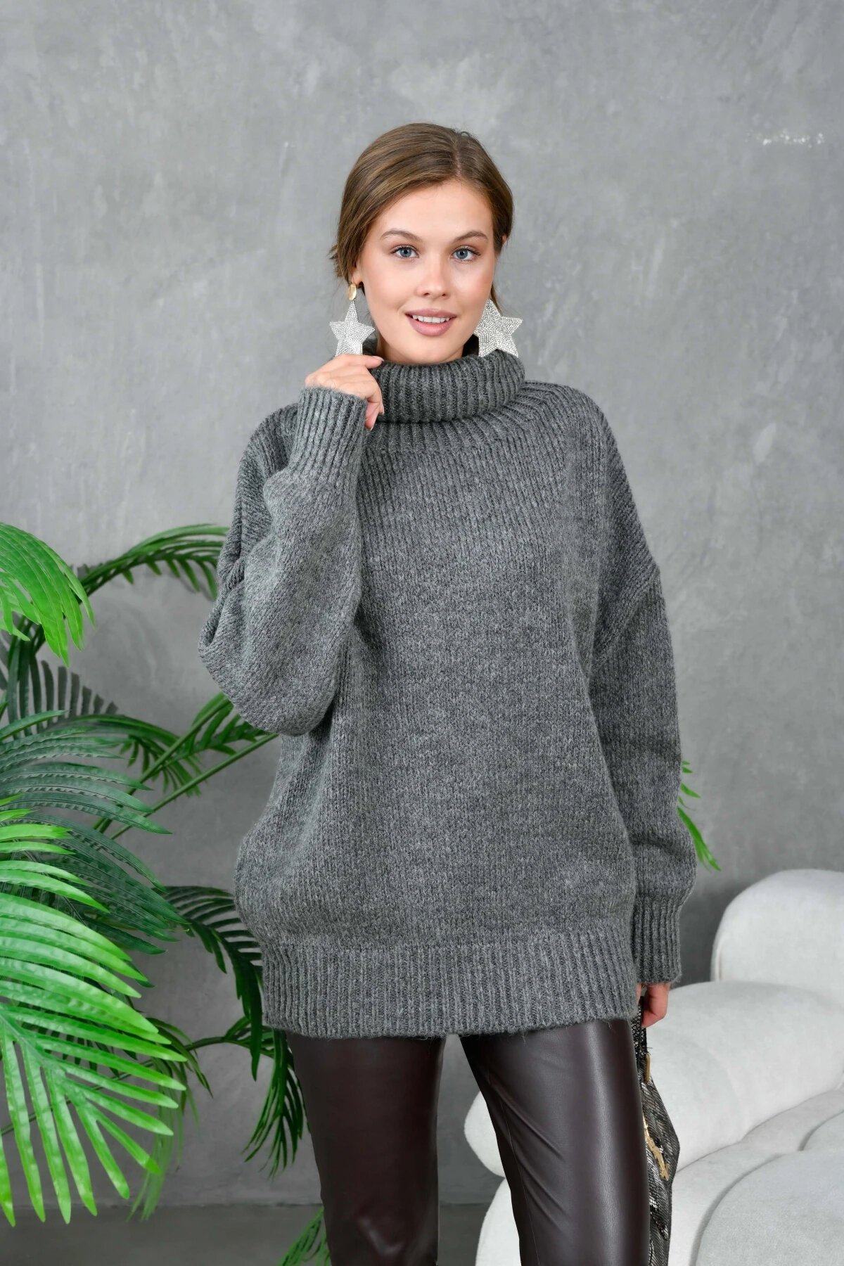 Kadın Balıkçı Yaka Kaşkorse Oversize Triko Tunik
