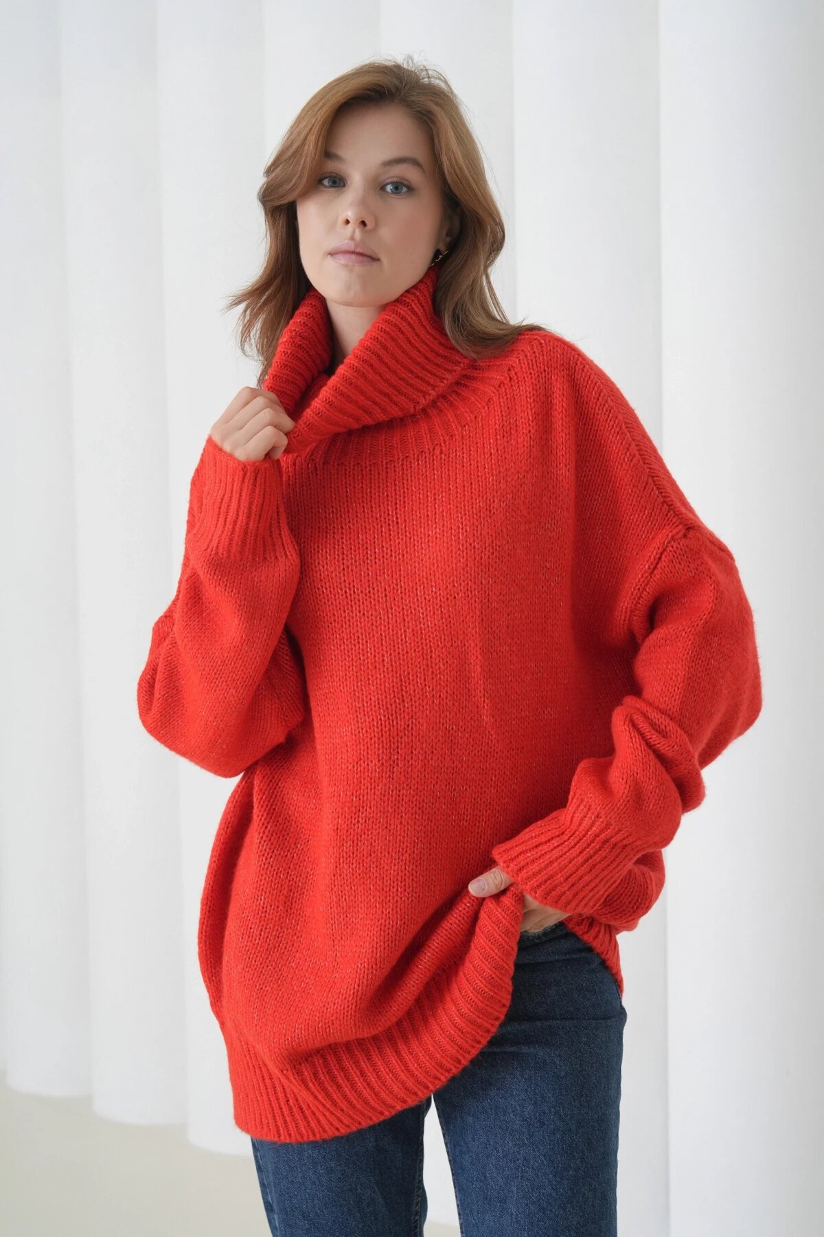 Kadın Balıkçı Yaka Kaşkorse Oversize Triko Tunik