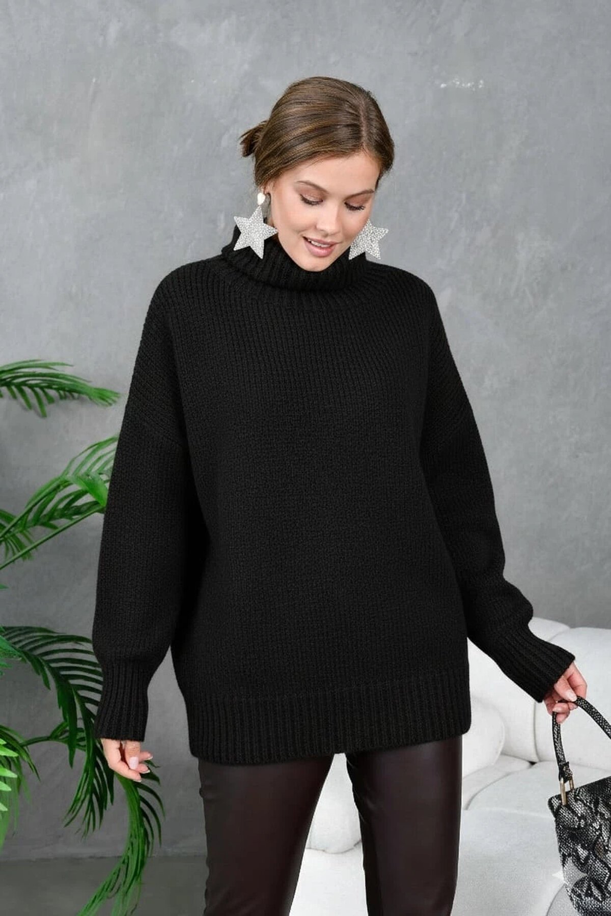 Kadın Balıkçı Yaka Kaşkorse Oversize Triko Tunik