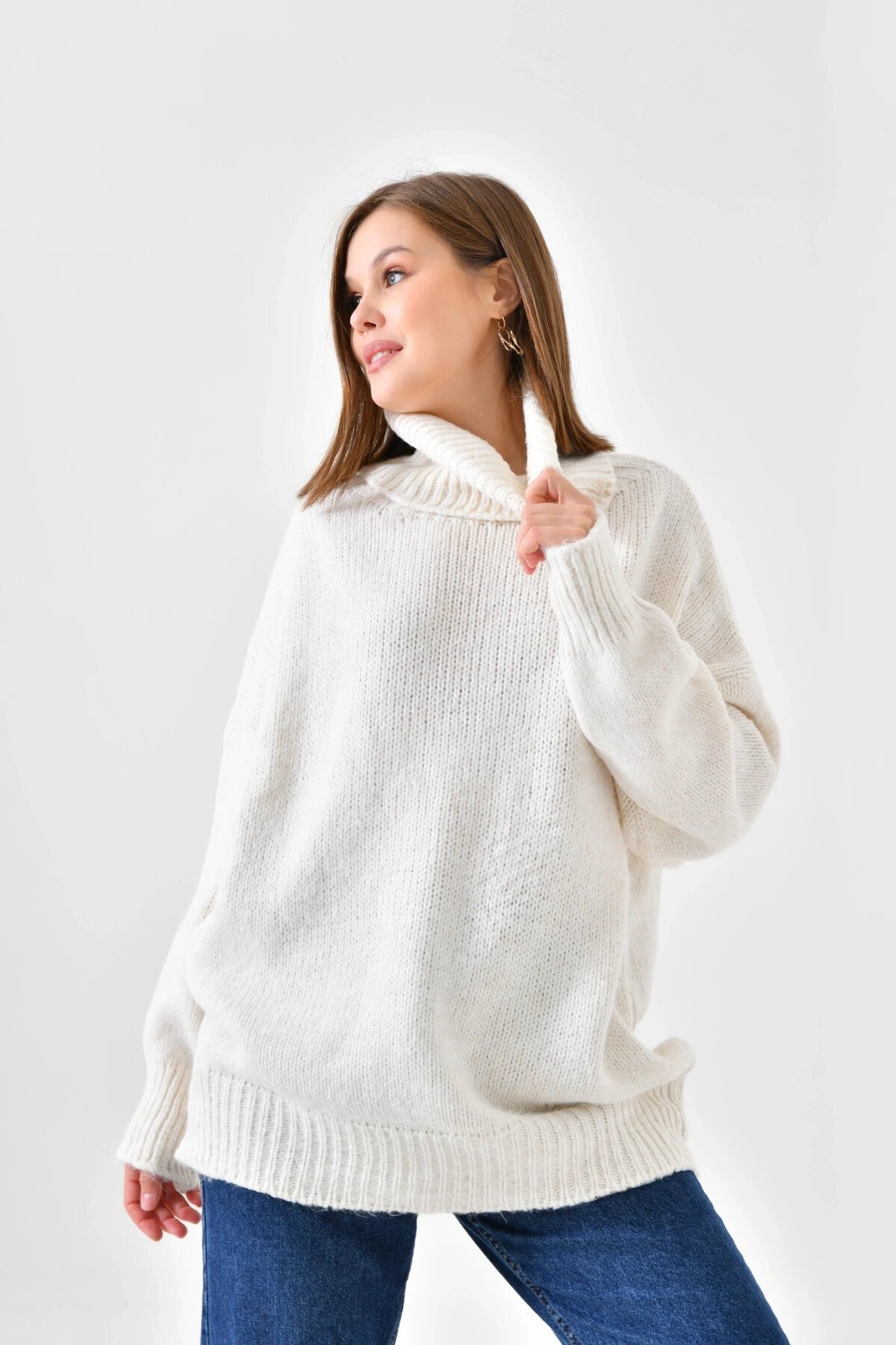 Kadın Balıkçı Yaka Kaşkorse Oversize Triko Tunik