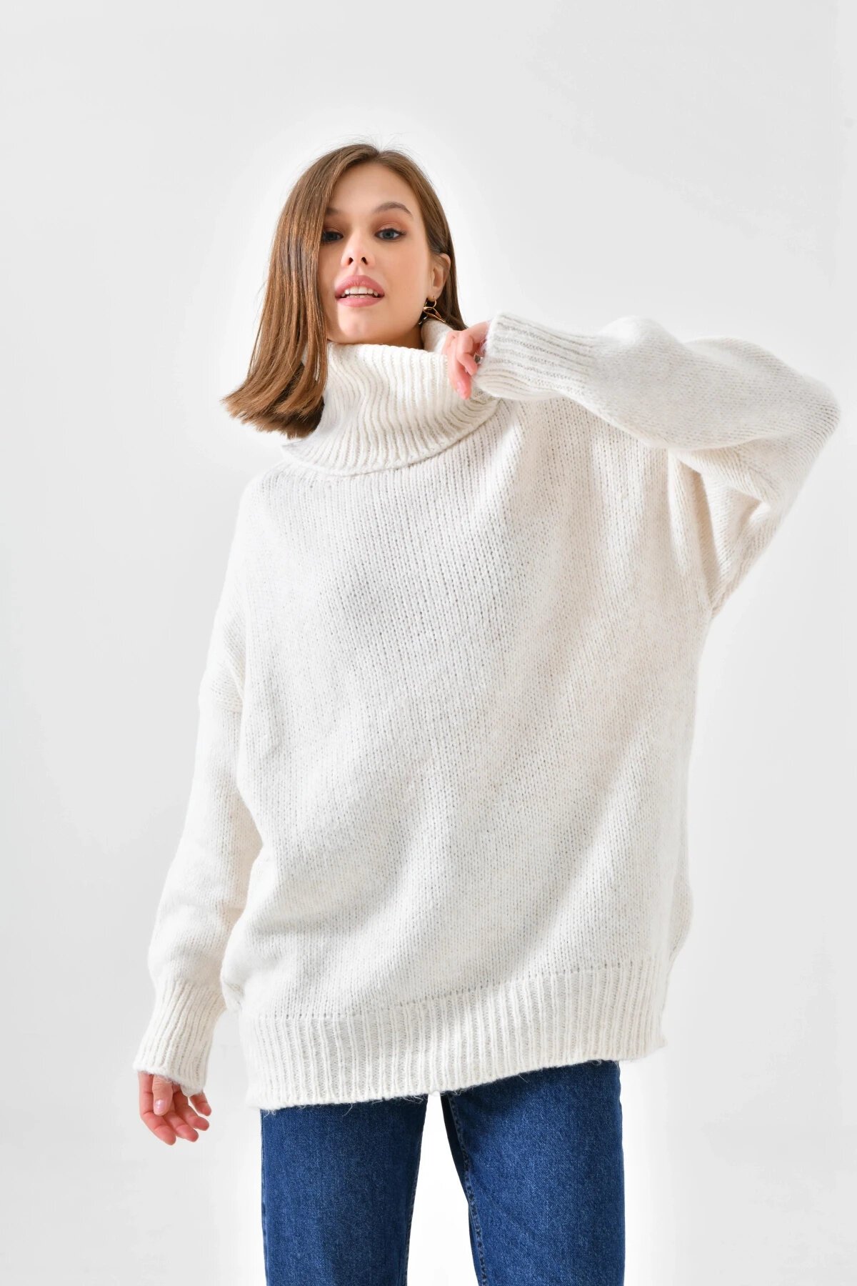 Kadın Balıkçı Yaka Kaşkorse Oversize Triko Tunik