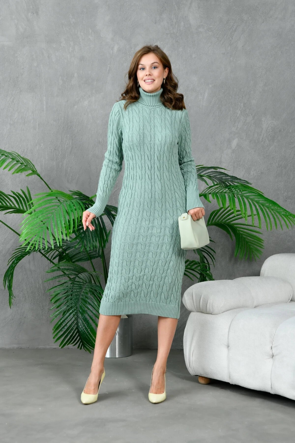 Kadın Balıkçı Yaka Örgü Detay Kışlık Triko Elbise