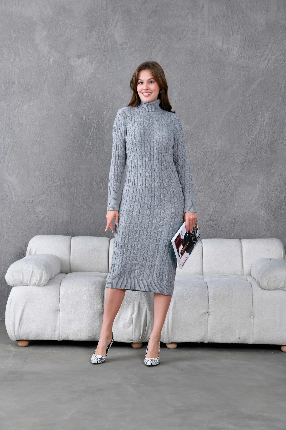 Kadın Balıkçı Yaka Örgü Detay Kışlık Triko Elbise