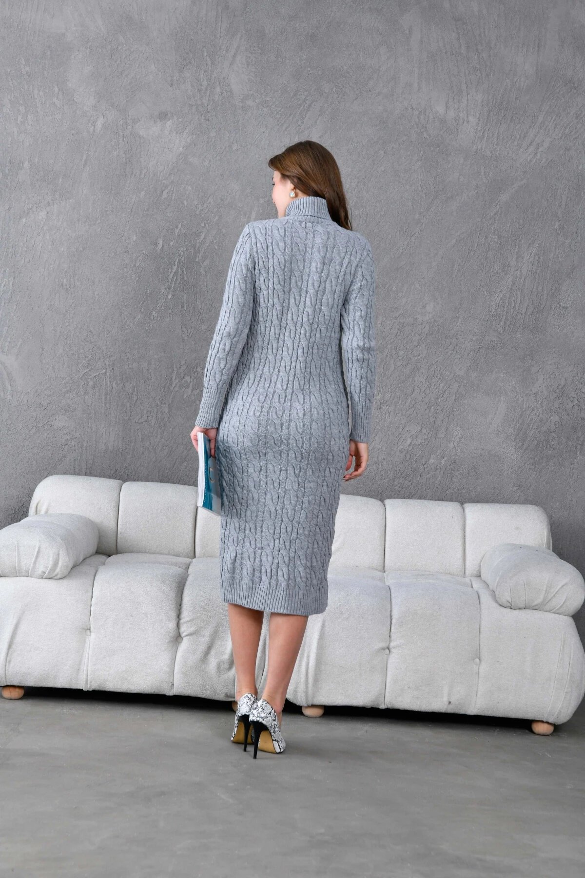 Kadın Balıkçı Yaka Örgü Detay Kışlık Triko Elbise