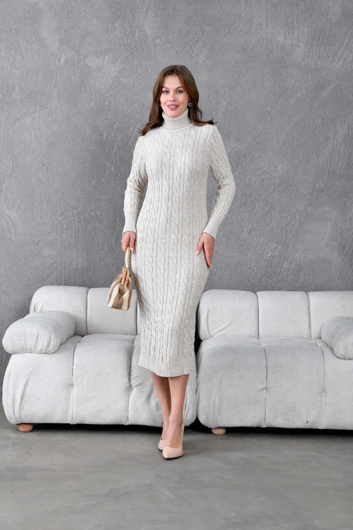 Kadın Balıkçı Yaka Örgü Detay Kışlık Triko Elbise