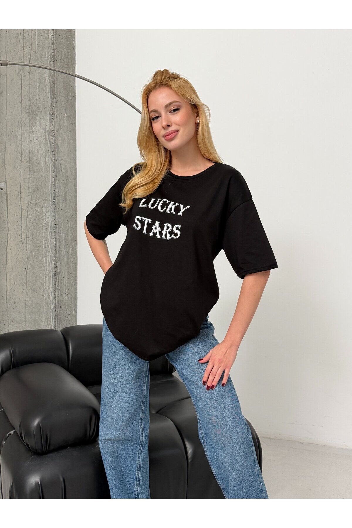 Kadın Baskılı Oversize T-Shirt Siyah