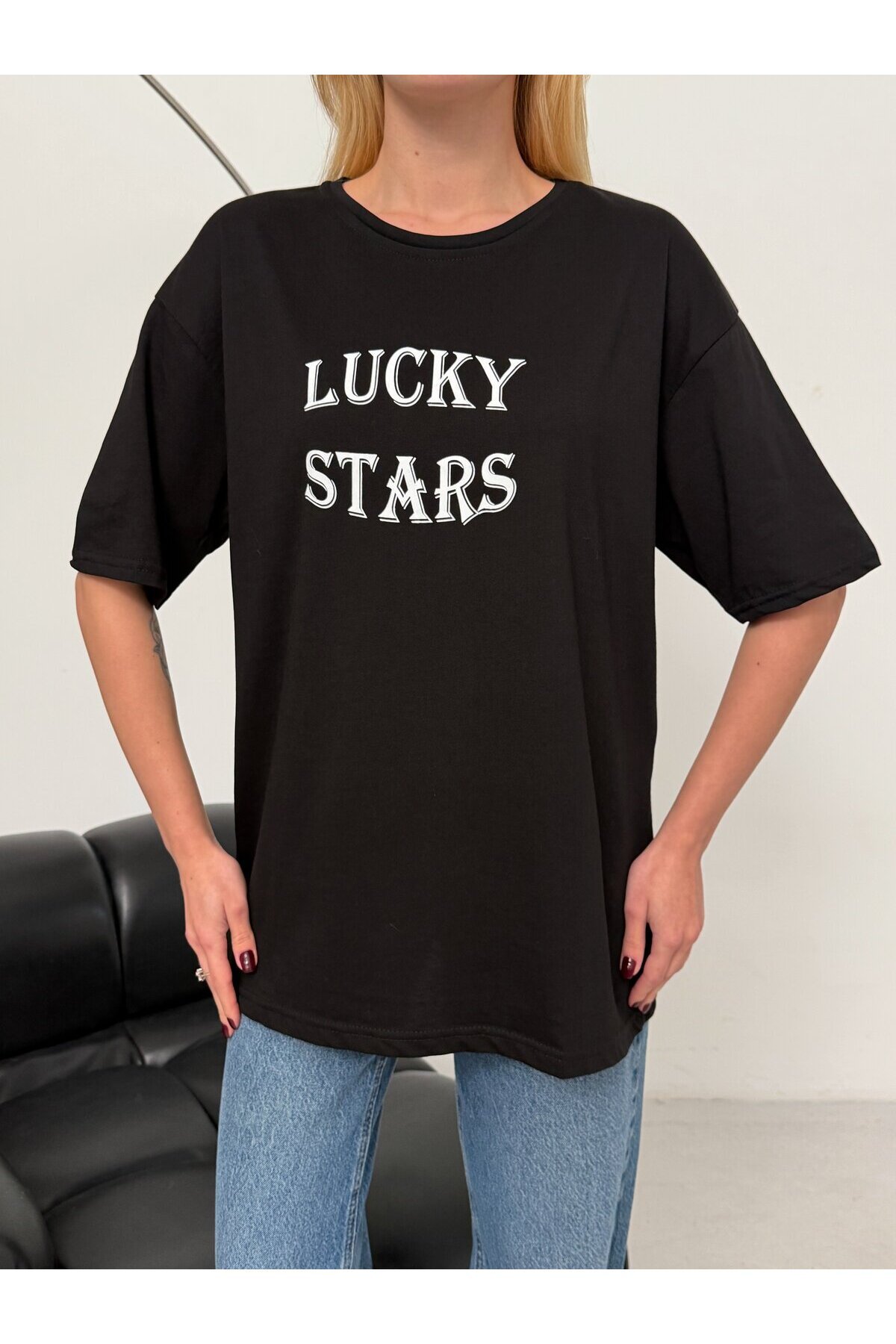 Kadın Baskılı Oversize T-Shirt Siyah