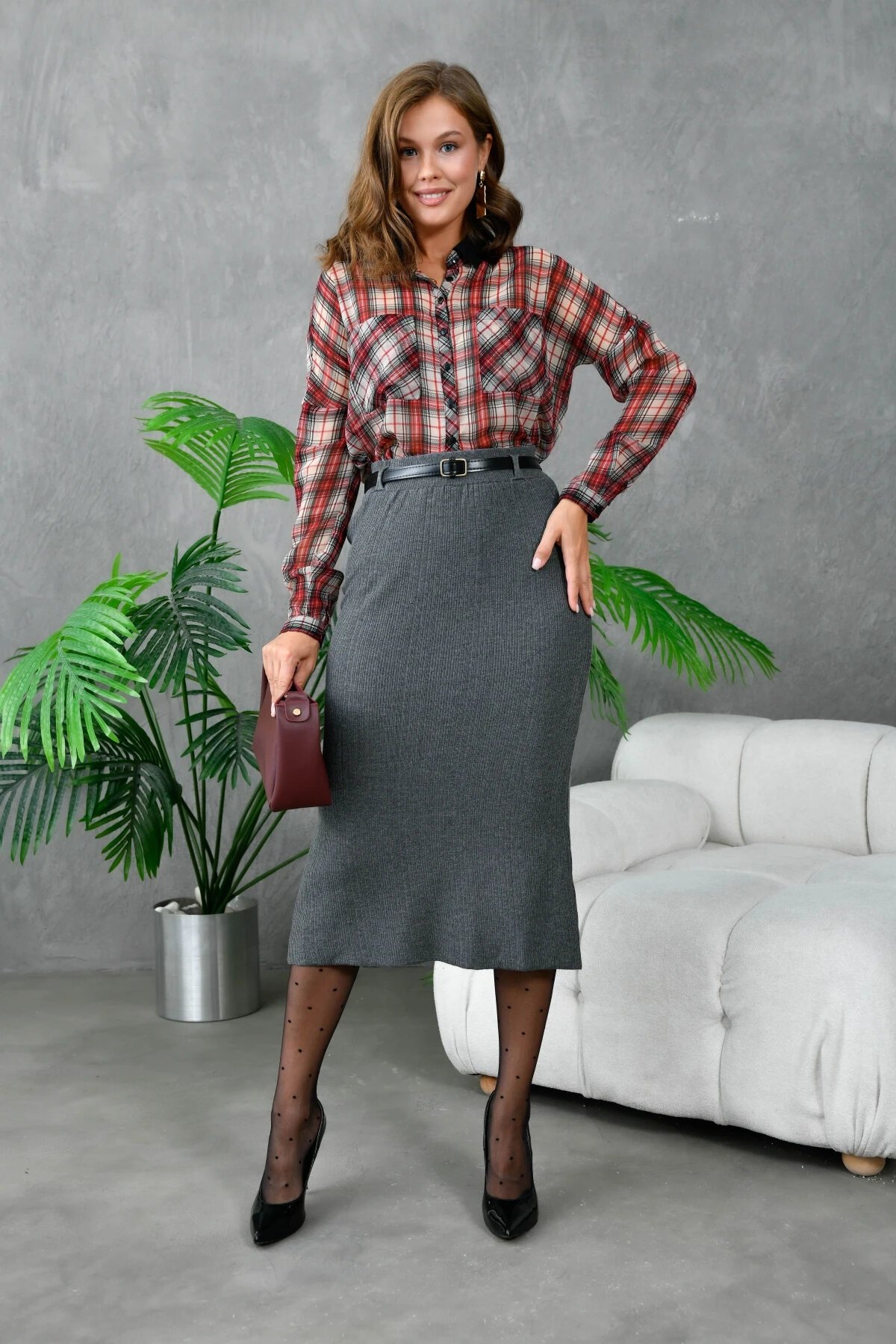 Kadın Bel Lastikli Yırtamaç Detay Uzun Triko Etek